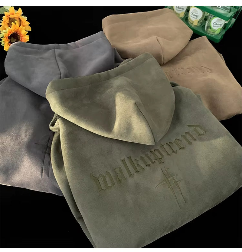 Men'S Suede Fce Hoodie Loose Fit Autumn Winter Trendy Brand Casual Outerwear with Pouch Ket Regular Sve Text Pattern