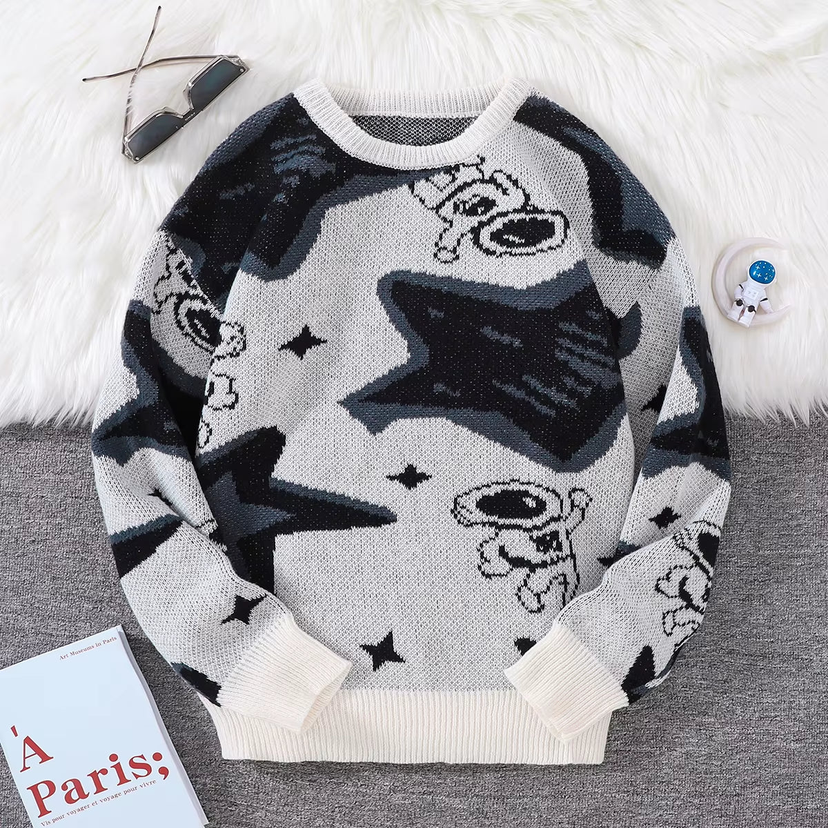 New Popular Spring & Fall Astronaut Star-Picking Jacquard Pattern Pullover Sweater Casual round Neck Contrast Color Knitted Men'