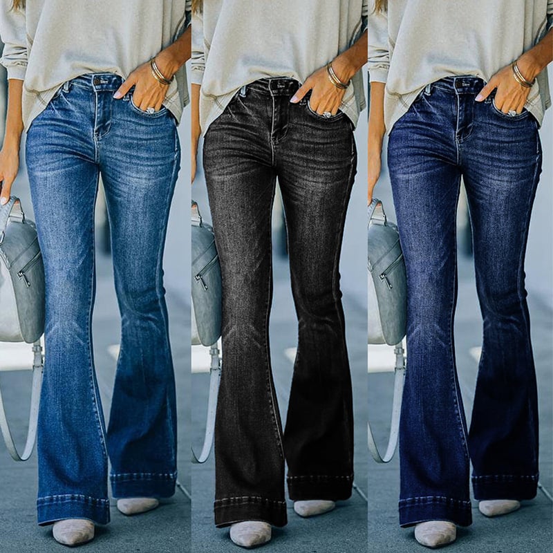 High Waist Slim Washed Bell-Bottom Pants for Women