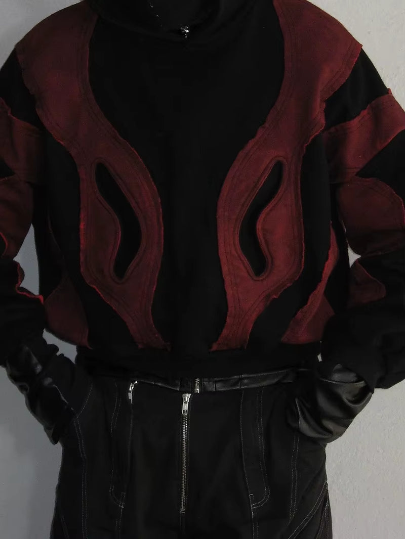 American Vintage Patchwork Geometric Pattern Y2K Hoodie, Essential Hipster and Original Street Style Long-Sleeved Men'S and Wome