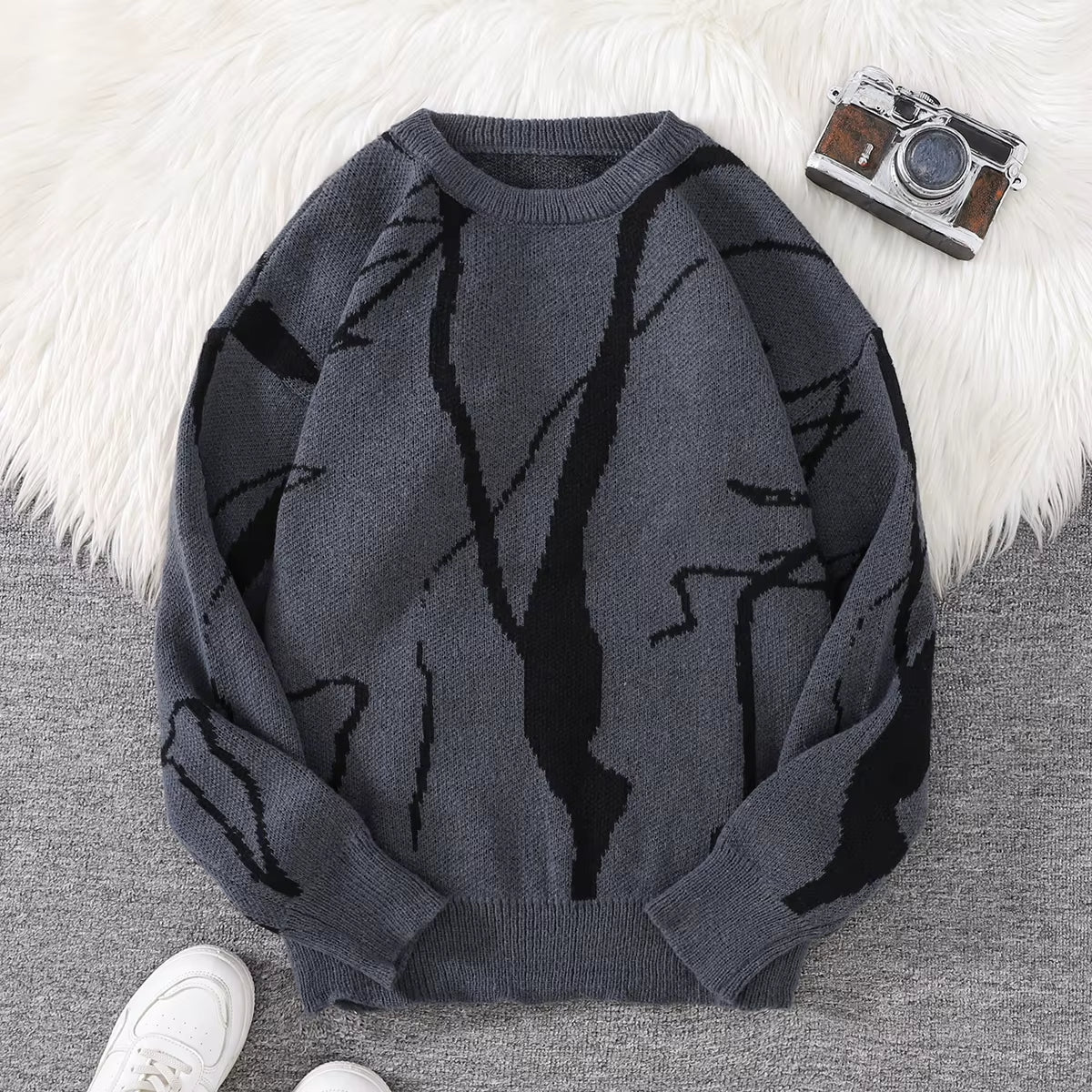 New Popular Autumn and Winter Abstract Crack Graffiti Jacquard Pattern Pullover Sweater Casual round Neck Knitted Men'S Pullover