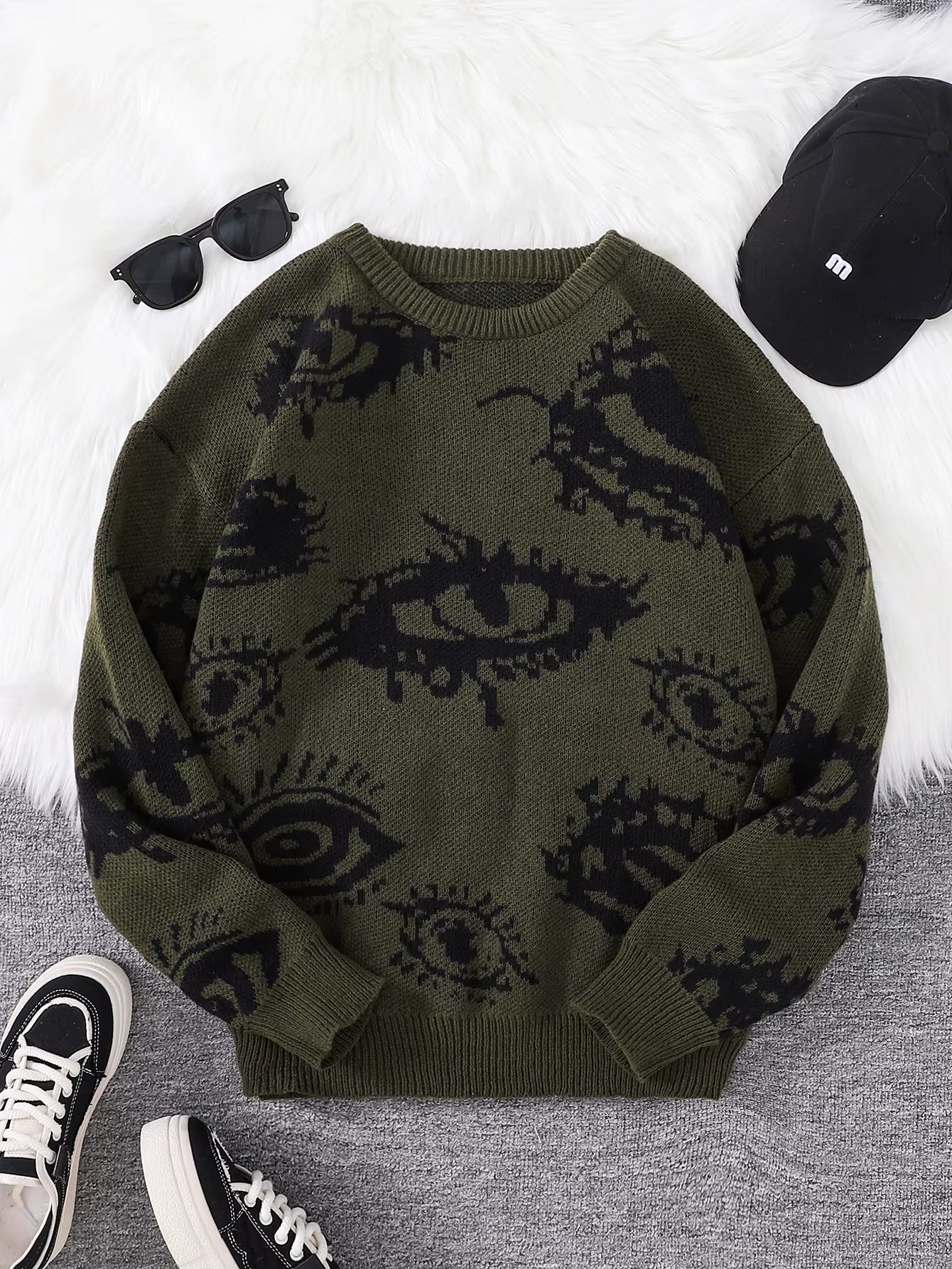 New Popular Autumn and Winter Abstract Eye Jacquard Pattern Pullover Sweater Casual round Neck Knitted Men'S Pullover