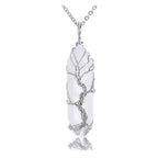 Life Tree Clear Quartz Crystal Healing Pendant Necklace Silver Wire Wrapped Raw Gemstone Hexagonal Reiki Energy Stone Pointed Pendant Jewelry for Women Men