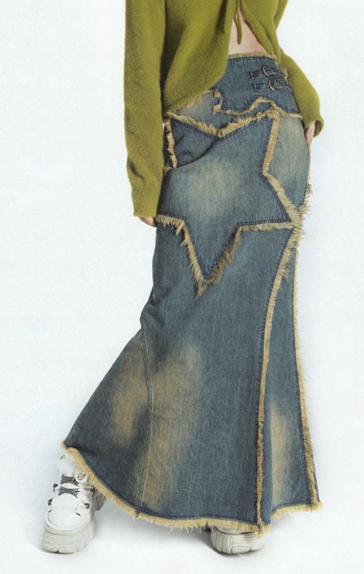 Vintage Washed Denim Skirt for Women
