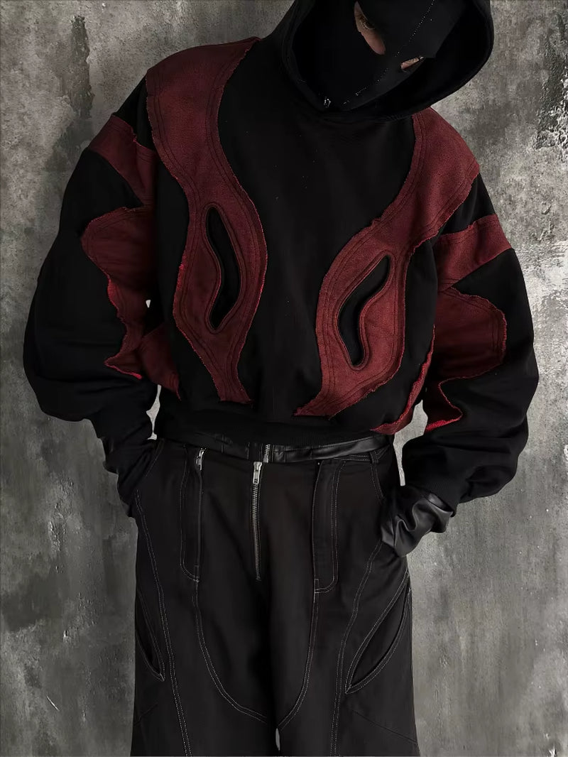 American Vintage Patchwork Geometric Pattern Y2K Hoodie, Essential Hipster and Original Street Style Long-Sleeved Men'S and Wome