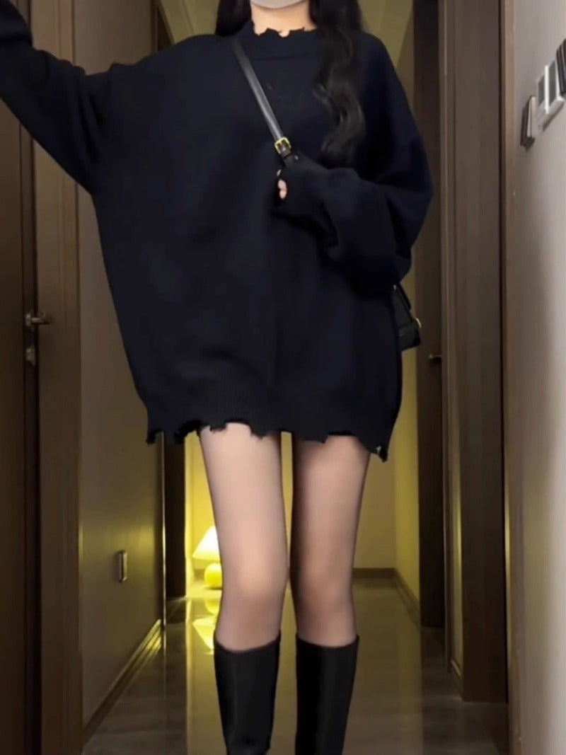 American Retro Black Thick Knit Sweater for Women