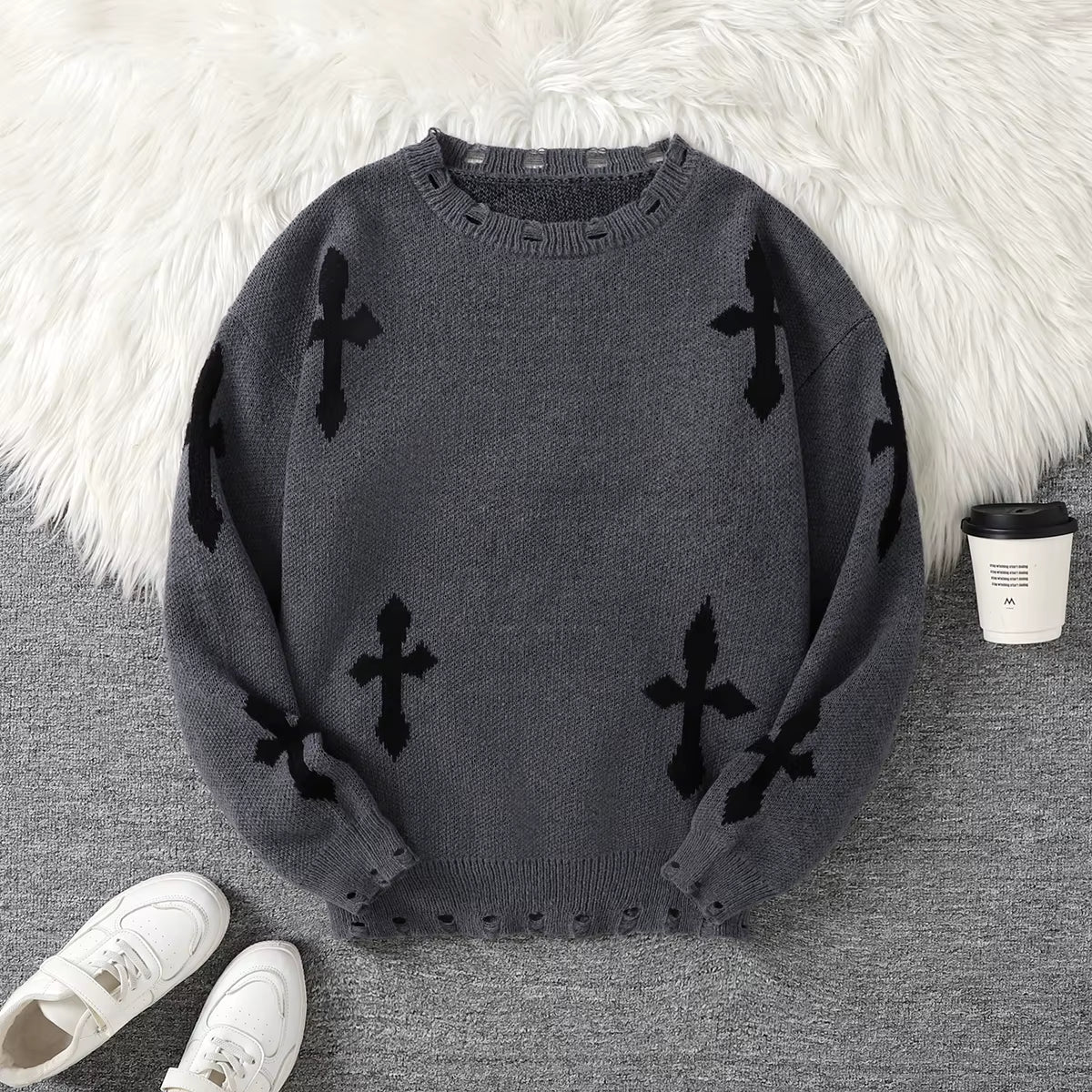 Trendy Street Style Ripped Cross Pattern Pullover Ripped Sweater Casual Crew Neck Knit Men'S Pullover
