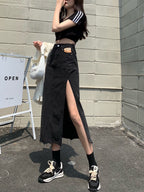 High Waist Side Slit Denim Skirt for Women