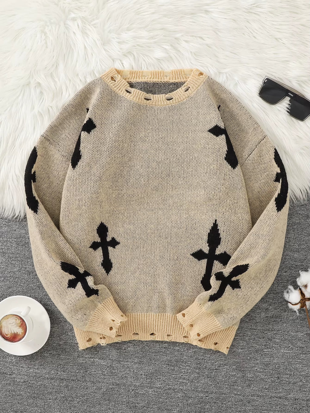 Trendy Street Style Ripped Cross Pattern Pullover Ripped Sweater Casual Crew Neck Knit Men'S Pullover