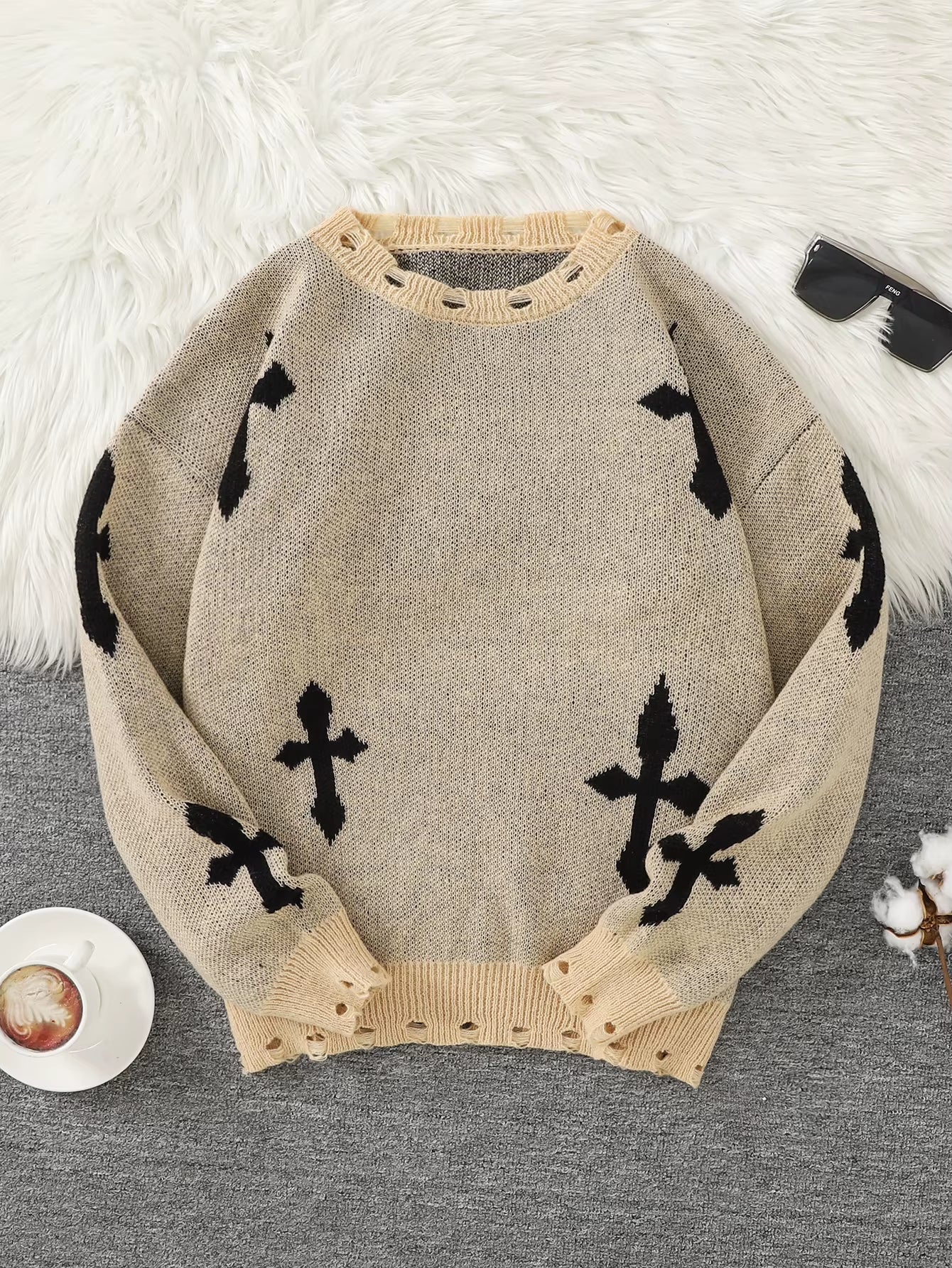 Trendy Street Style Ripped Cross Pattern Pullover Ripped Sweater Casual Crew Neck Knit Men'S Pullover
