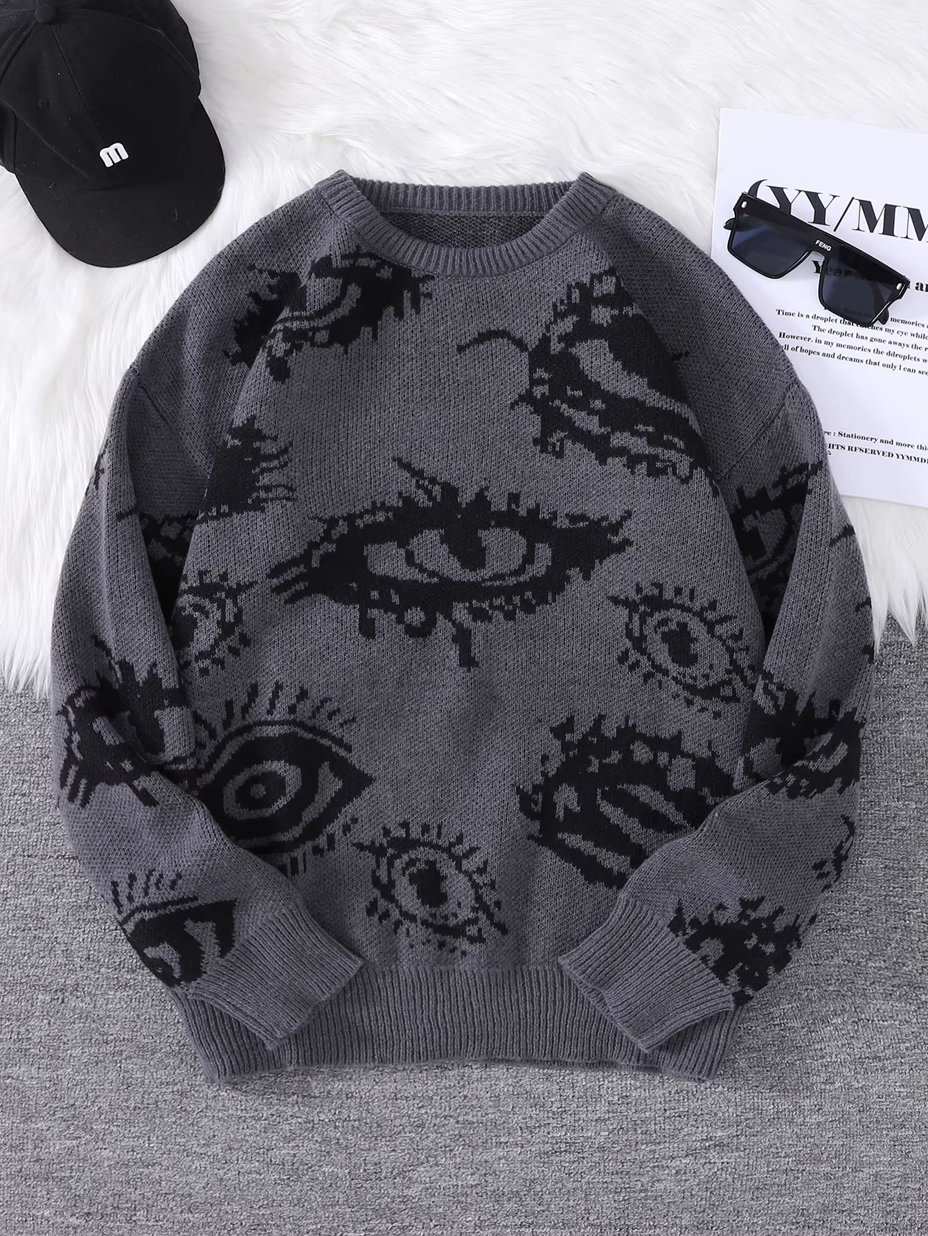 New Popular Autumn and Winter Abstract Eye Jacquard Pattern Pullover Sweater Casual round Neck Knitted Men'S Pullover
