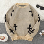 Trendy Street Style Ripped Cross Pattern Pullover Ripped Sweater Casual Crew Neck Knit Men'S Pullover