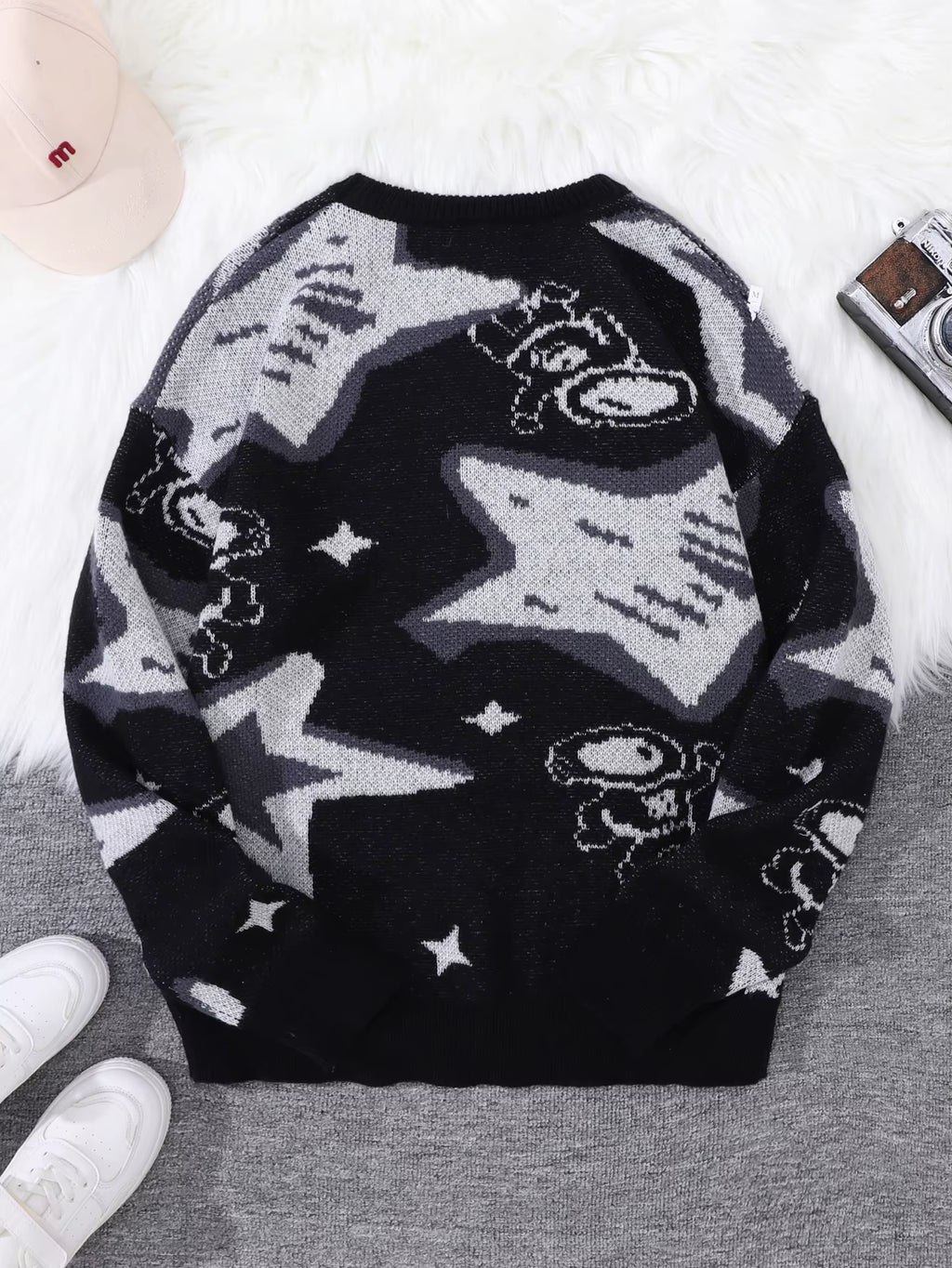 New Popular Spring & Fall Astronaut Star-Picking Jacquard Pattern Pullover Sweater Casual round Neck Contrast Color Knitted Men'