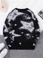 New Popular Spring & Fall Astronaut Star-Picking Jacquard Pattern Pullover Sweater Casual round Neck Contrast Color Knitted Men'