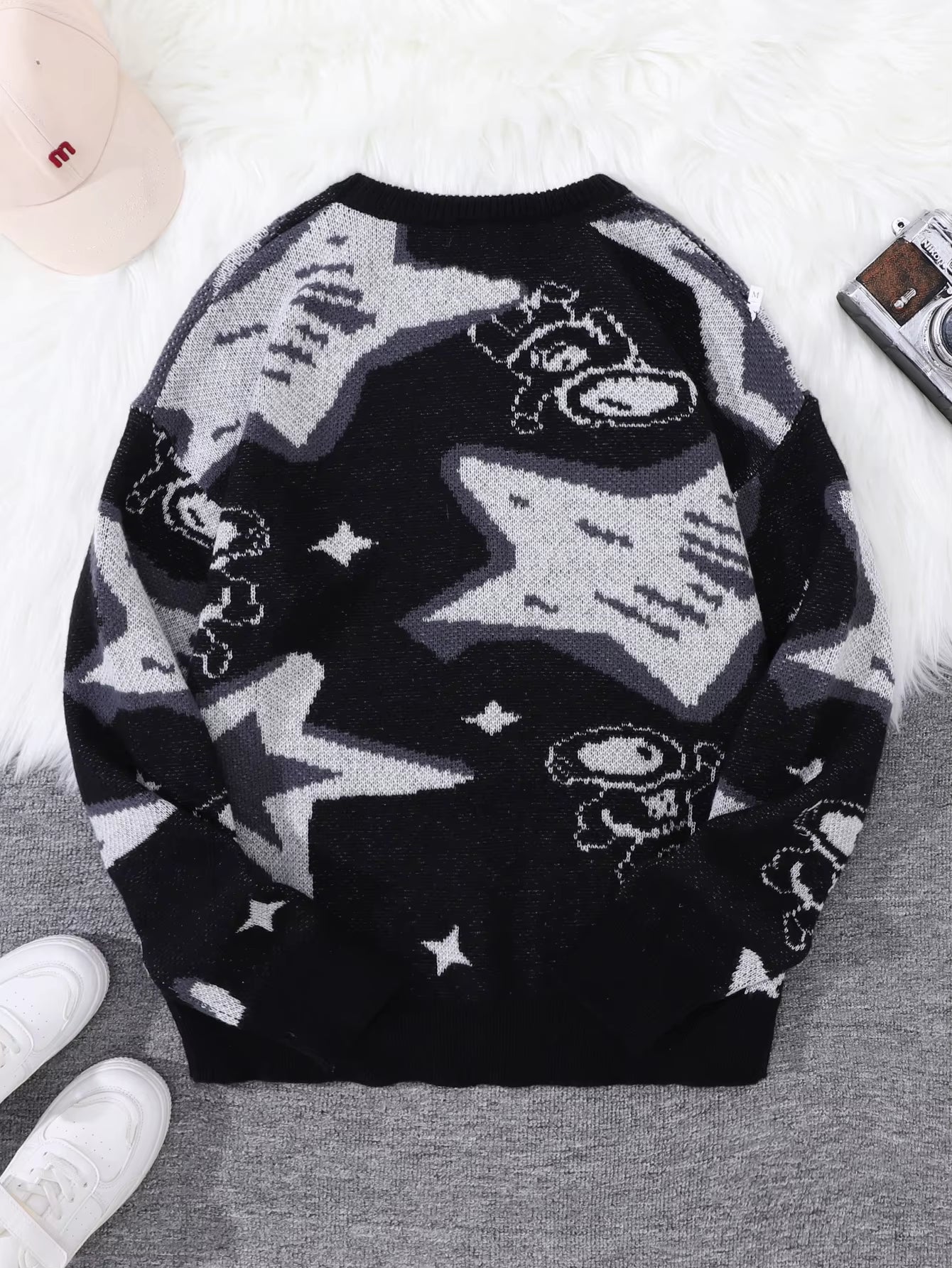 New Popular Spring & Fall Astronaut Star-Picking Jacquard Pattern Pullover Sweater Casual round Neck Contrast Color Knitted Men'