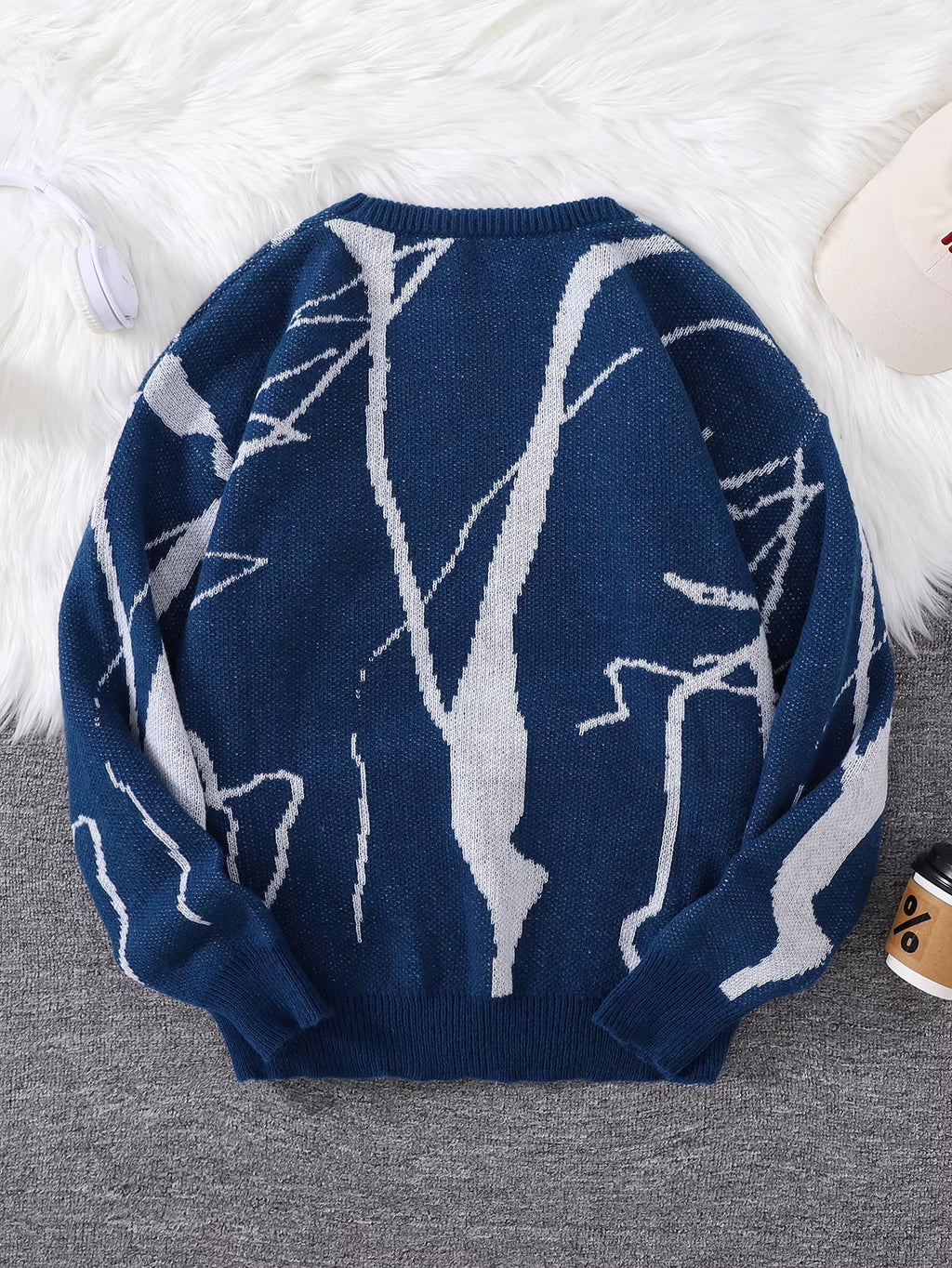 New Popular Autumn and Winter Abstract Crack Graffiti Jacquard Pattern Pullover Sweater Casual round Neck Knitted Men'S Pullover