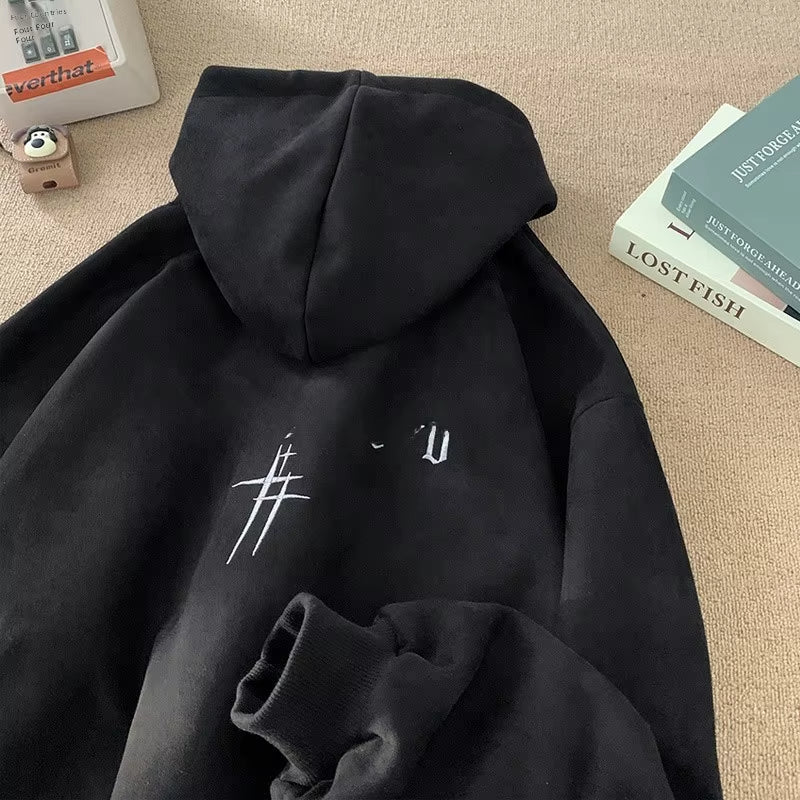 Men'S Suede Fce Hoodie Loose Fit Autumn Winter Trendy Brand Casual Outerwear with Pouch Ket Regular Sve Text Pattern