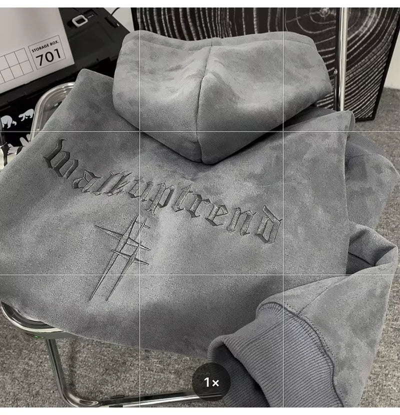 Men'S Suede Fce Hoodie Loose Fit Autumn Winter Trendy Brand Casual Outerwear with Pouch Ket Regular Sve Text Pattern