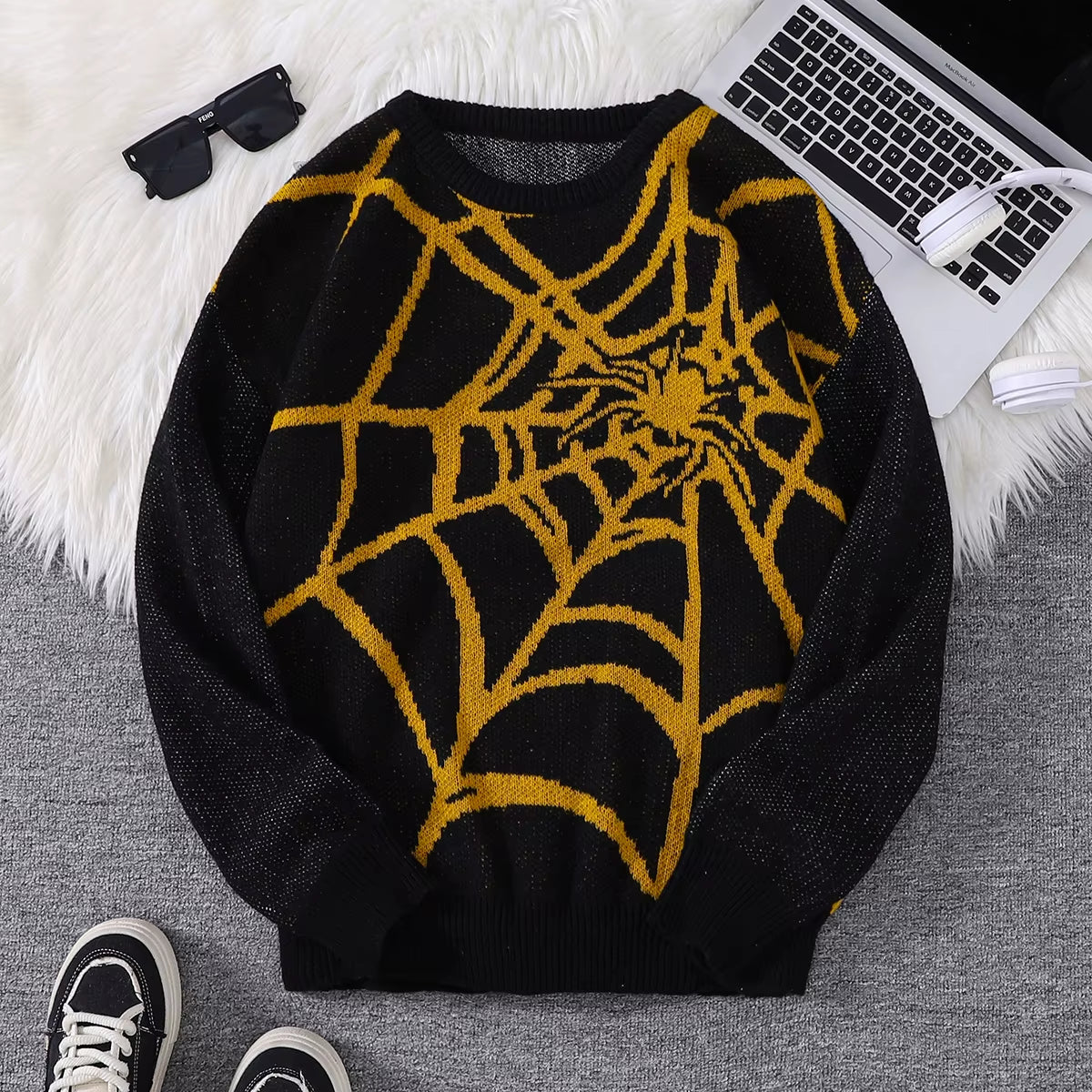New Popular Autumn and Winter Spider Web Jacquard Pattern Pullover Sweater Casual round Neck Knitted Men'S Pullover